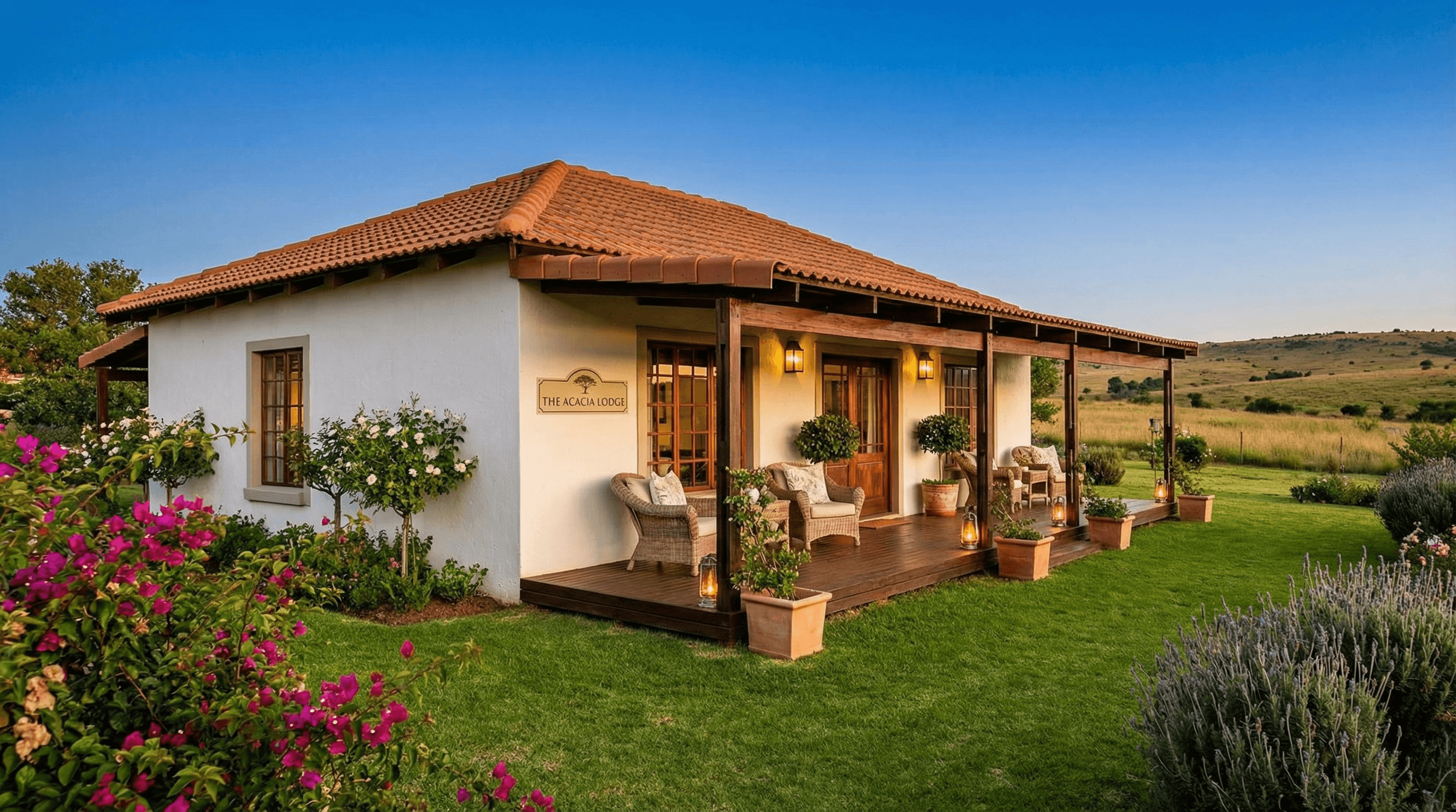 Highveld Guest House exterior at golden hour